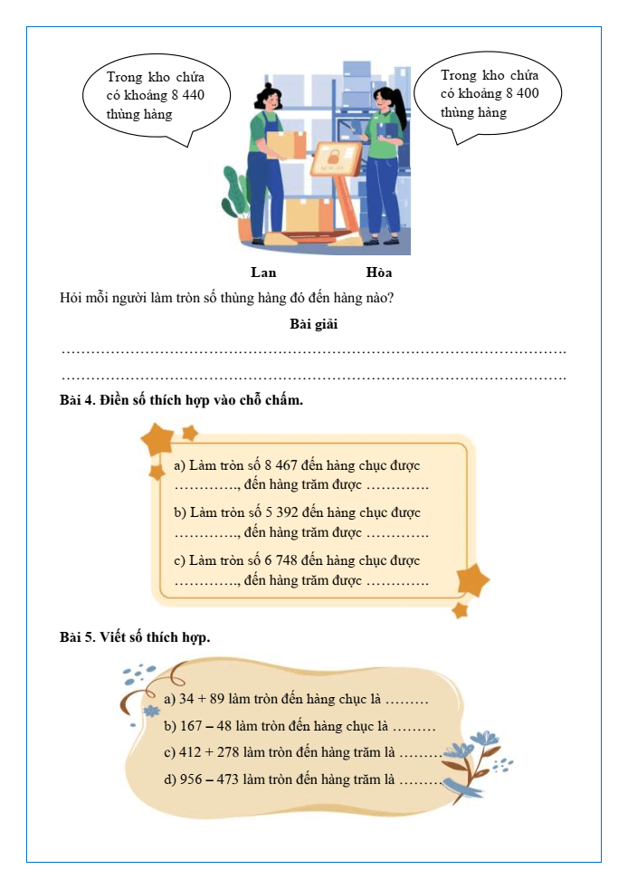 Bài tập hàng ngày Toán lớp 3 Bài 48: Làm tròn số đến hàng chục, hàng trăm | Kết nối tri thức