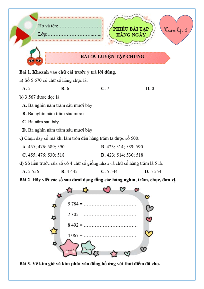 Bài tập hàng ngày Toán lớp 3 Bài 49: Luyện tập chung | Kết nối tri thức