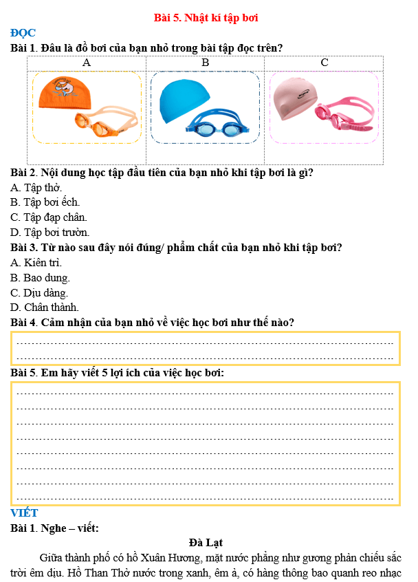 Bài tập hàng ngày Tiếng Việt lớp 3 Bài 5: Nhật kí tập bơi | Kết nối tri thức