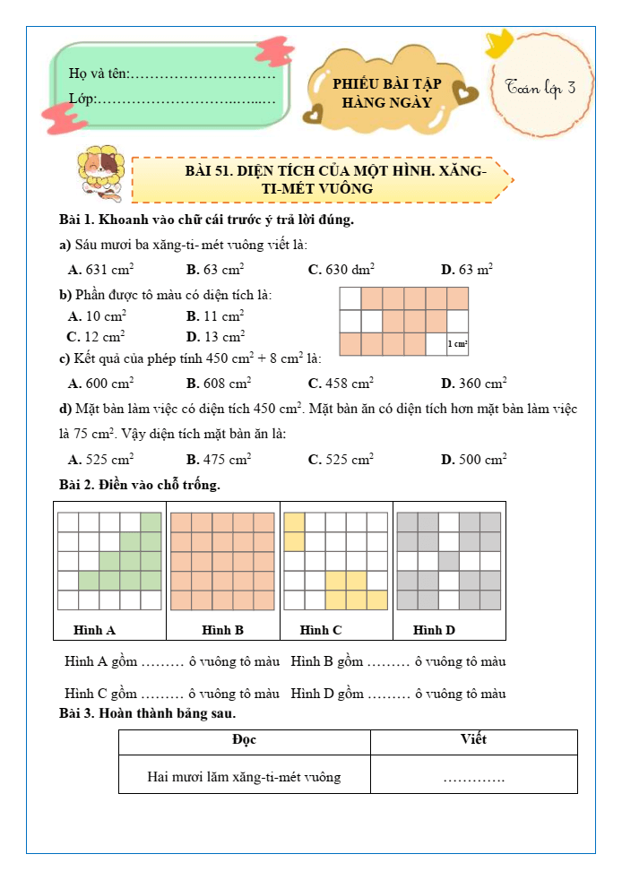Bài tập hàng ngày Toán lớp 3 Bài 51: Diện tích của một hình. Xăng - ti - mét vuông | Kết nối tri thức
