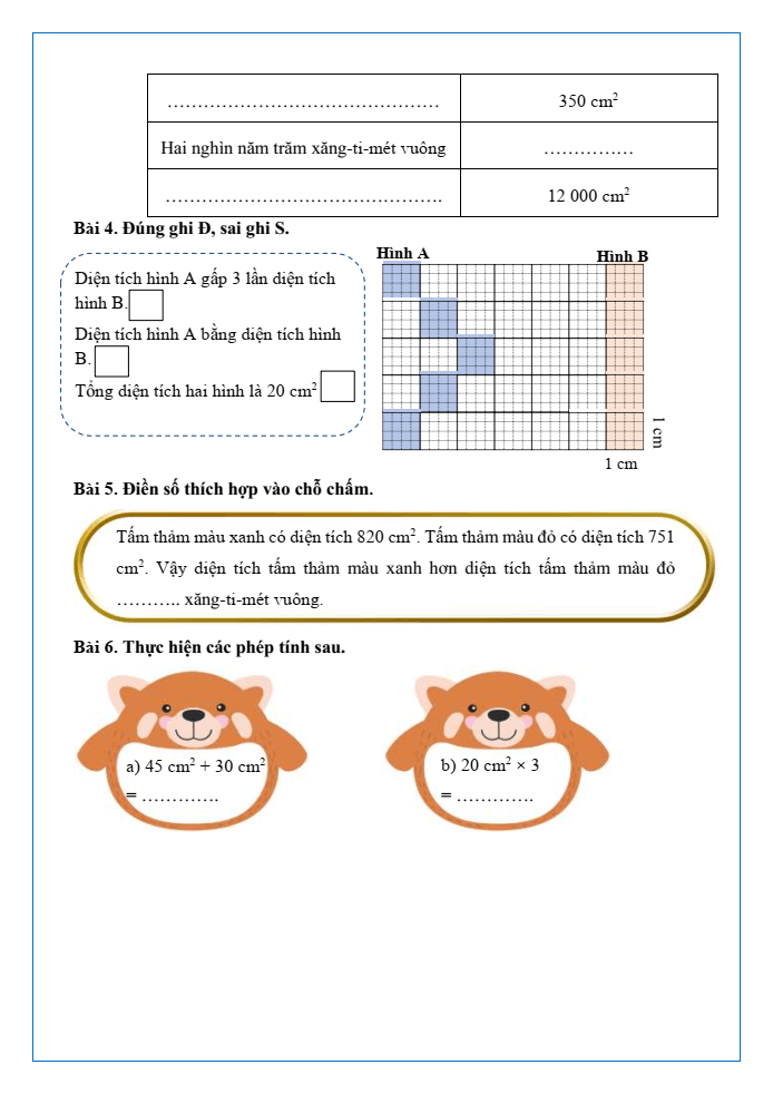 Bài tập hàng ngày Toán lớp 3 Bài 51: Diện tích của một hình. Xăng - ti - mét vuông | Kết nối tri thức