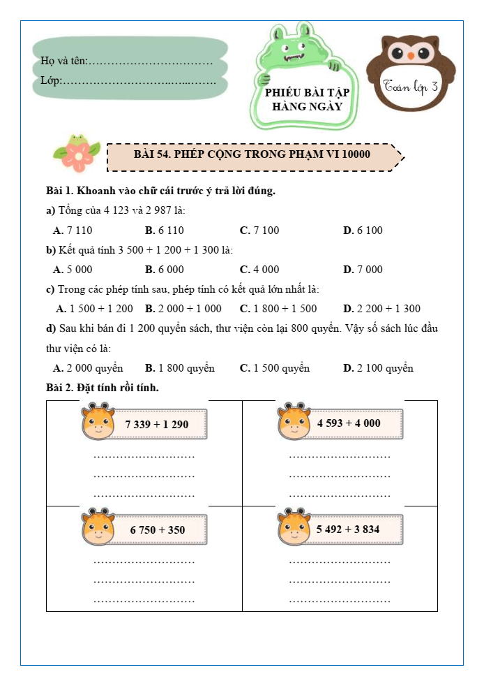 Bài tập hàng ngày Toán lớp 3 Bài 54: Phép cộng trong phạm vi 10000 | Kết nối tri thức