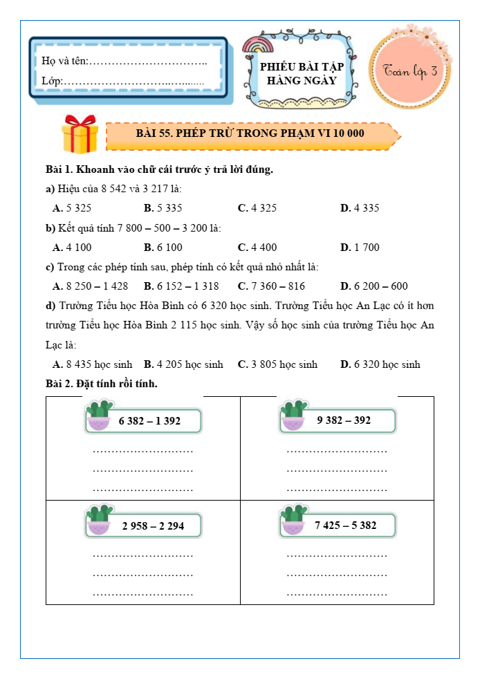 Bài tập hàng ngày Toán lớp 3 Bài 55: Phép trừ trong phạm vi 10000 | Kết nối tri thức