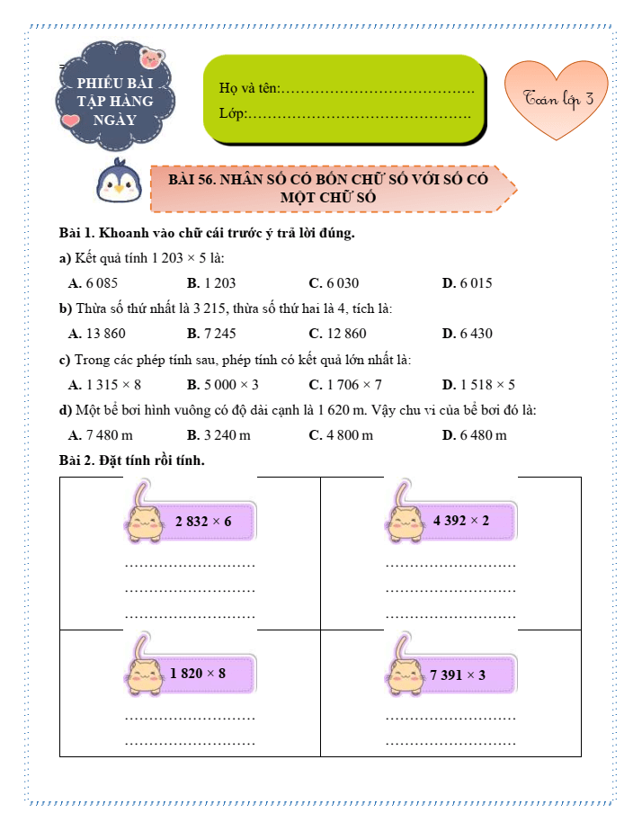 Bài tập hàng ngày Toán lớp 3 Bài 56: Nhân số có bốn chữ số với một số có một chữ số | Kết nối tri thức