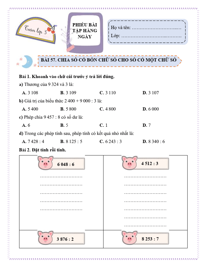 Bài tập hàng ngày Toán lớp 3 Bài 57: Chia số có bốn chữ số cho số có một chữ số | Kết nối tri thức