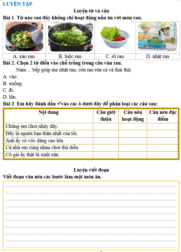 Bài tập hàng ngày Tiếng Việt lớp 3 Bài 6: Tập nấu ăn | Kết nối tri thức