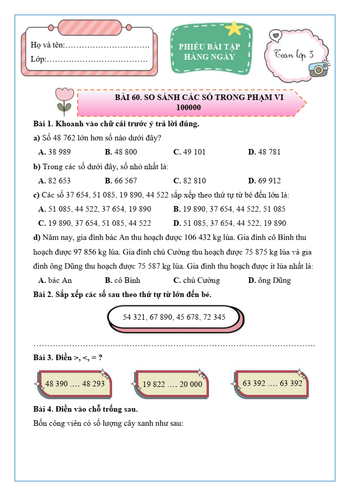 Bài tập hàng ngày Toán lớp 3 Bài 60: So sánh các số trong phạm vi 100000 | Kết nối tri thức