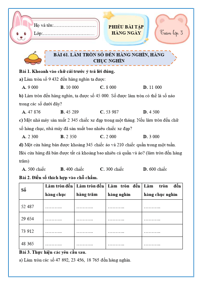 Bài tập hàng ngày Toán lớp 3 Bài 61: Làm tròn số đến hàng nghìn, hàng chục nghìn | Kết nối tri thức