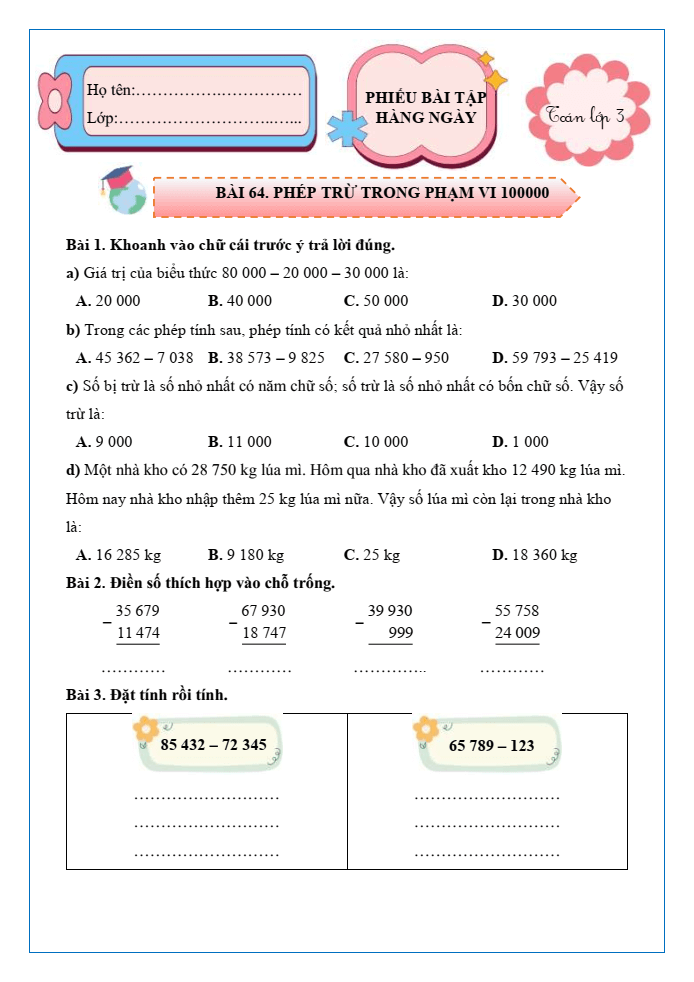 Bài tập hàng ngày Toán lớp 3 Bài 64: Phép trừ trong phạm vi 100000 | Kết nối tri thức