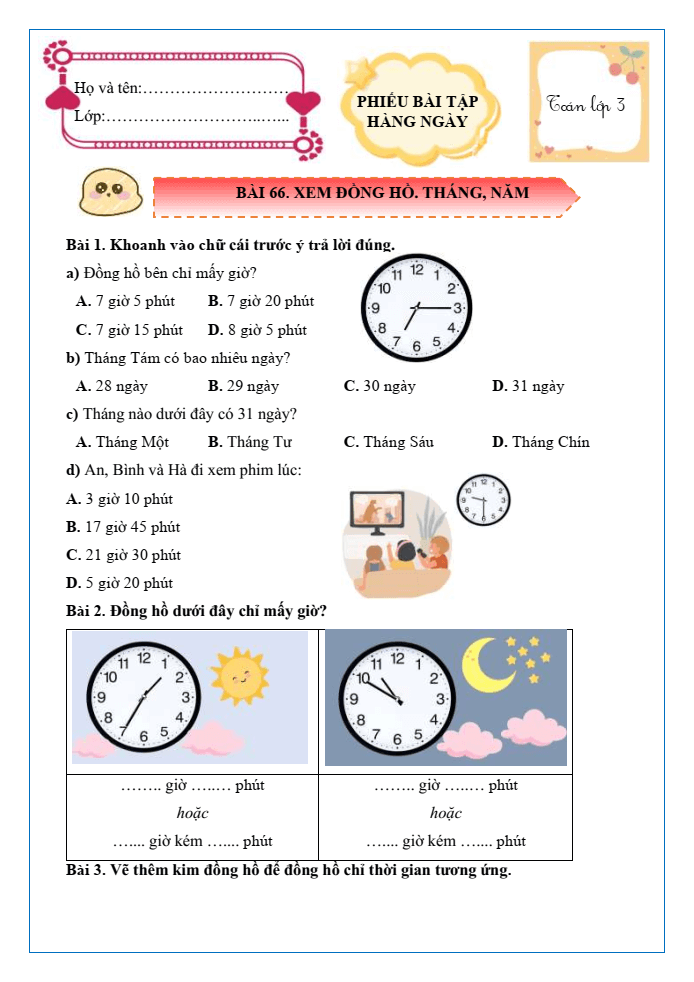Bài tập hàng ngày Toán lớp 3 Bài 66: Xem đồng hồ. Tháng - năm | Kết nối tri thức