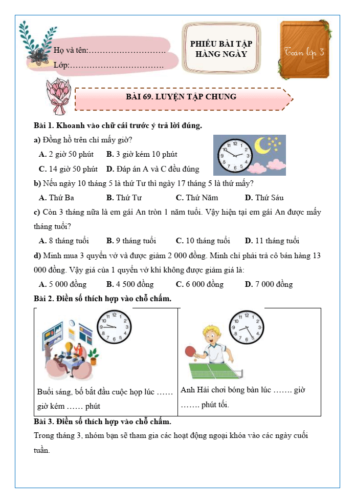 Bài tập hàng ngày Toán lớp 3 Bài 69: Luyện tập chung | Kết nối tri thức