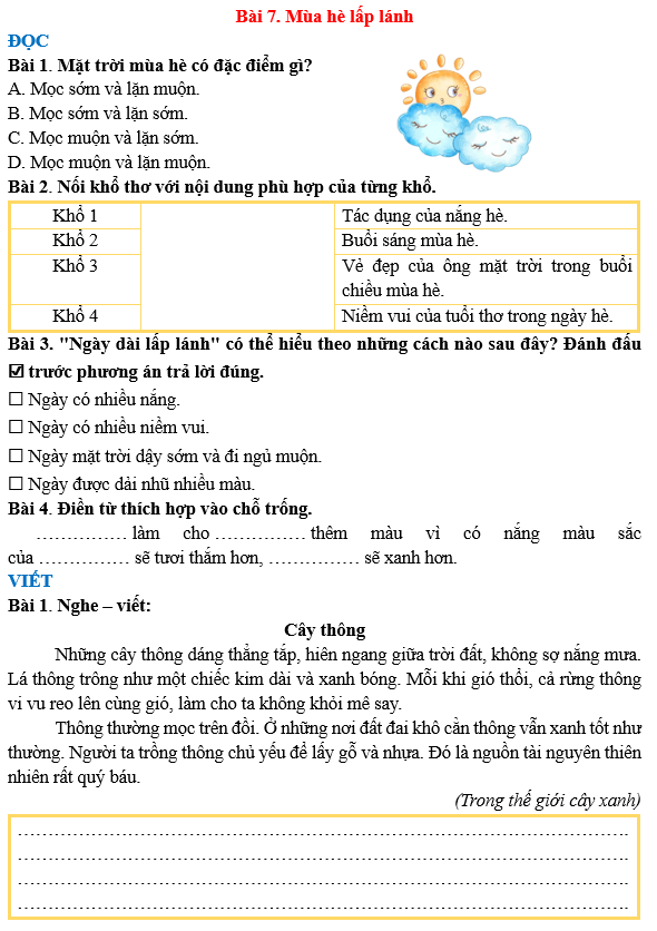 Bài tập hàng ngày Tiếng Việt lớp 3 Bài 7: Mùa hè lấp lánh | Kết nối tri thức
