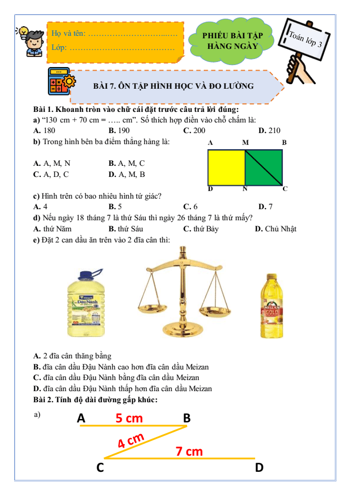 Bài tập hàng ngày Toán lớp 3 Bài 7: Ôn tập hình học và đo lường | Kết nối tri thức