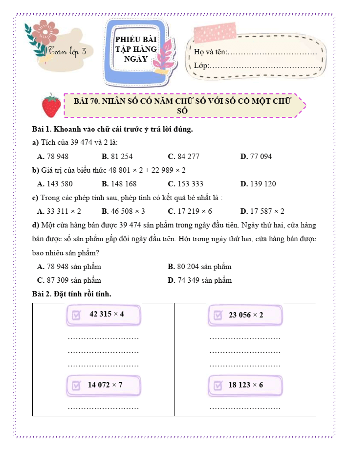Bài tập hàng ngày Toán lớp 3 Bài 70: Nhân số có năm chữ số với số có một chữ số | Kết nối tri thức