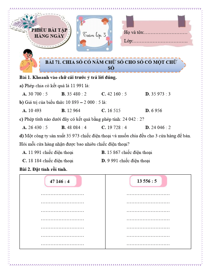 Bài tập hàng ngày Toán lớp 3 Bài 71: Chia số có năm chữ số cho số có một chữ số | Kết nối tri thức