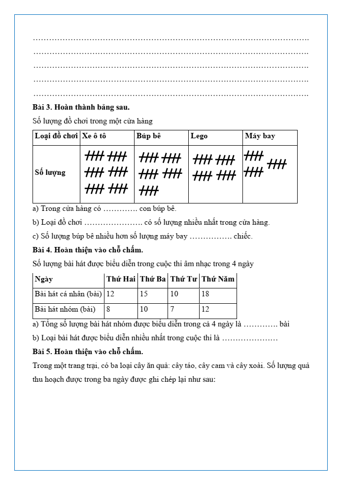 Bài tập hàng ngày Toán lớp 3 Bài 73: Thu thập, phân loại, ghi chép số liệu. Bảng số liệu | Kết nối tri thức