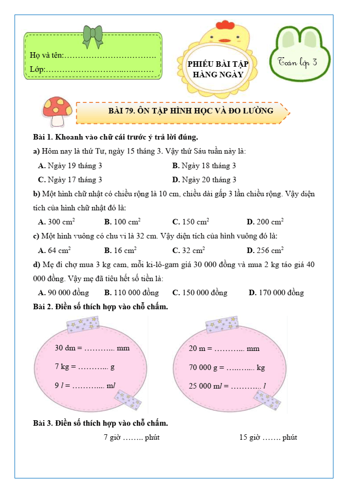 Bài tập hàng ngày Toán lớp 3 Bài 79: Ôn tập hình học và đo lường | Kết nối tri thức
