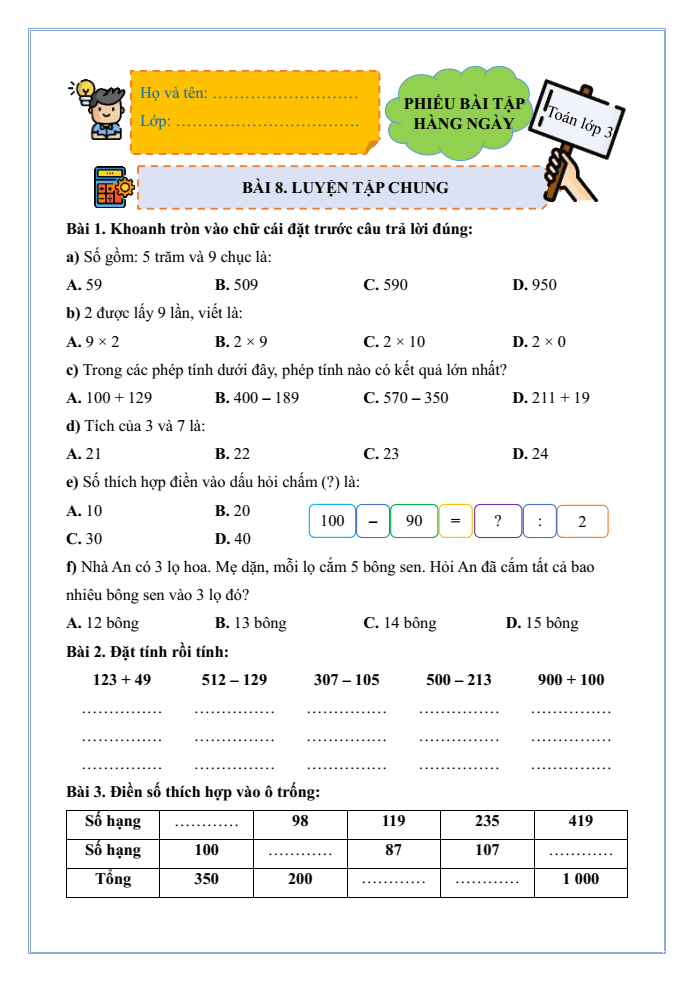 Bài tập hàng ngày Toán lớp 3 Bài 8: Luyện tập chung | Kết nối tri thức