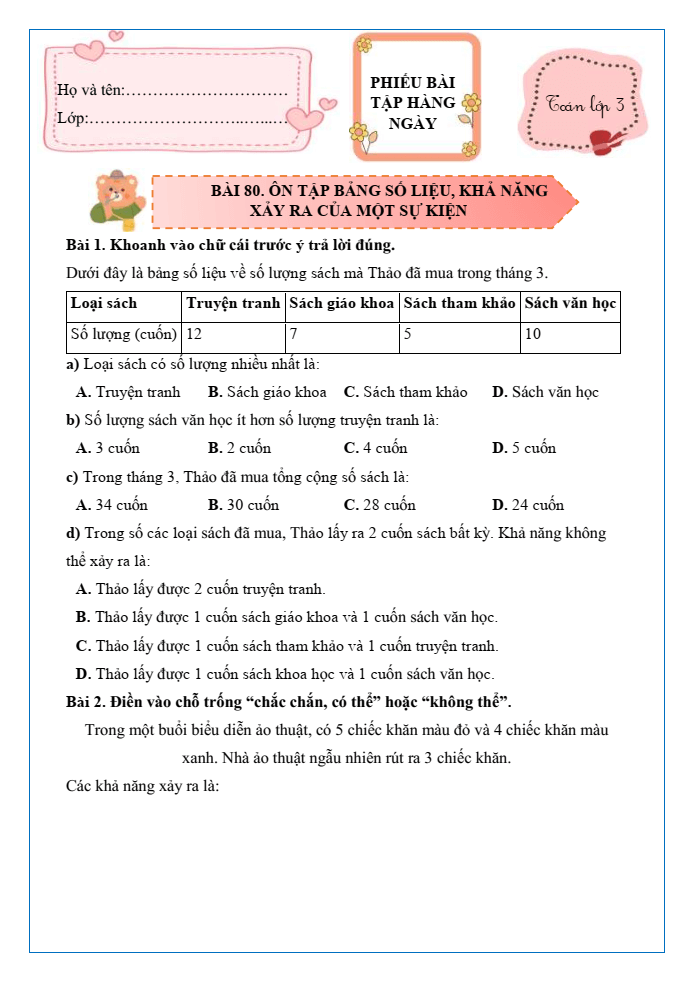 Bài tập hàng ngày Toán lớp 3 Bài 80: Ôn tập bảng số liệu, khả năng xảy ra của một sự kiện | Kết nối tri thức