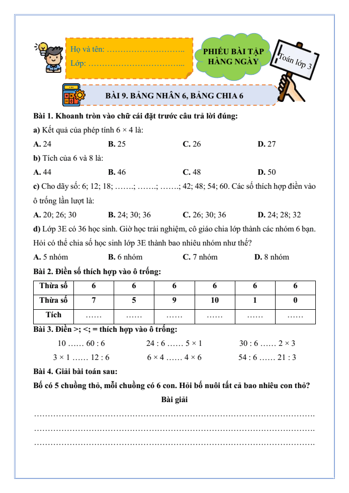 Bài tập hàng ngày Toán lớp 3 Bài 9: Bảng nhân 6, bảng chia 6 | Kết nối tri thức