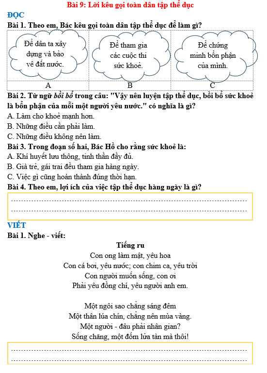 Bài tập hàng ngày Tiếng Việt lớp 3 Bài 9: Lời kêu gọi toàn dân tập thể dục | Kết nối tri thức