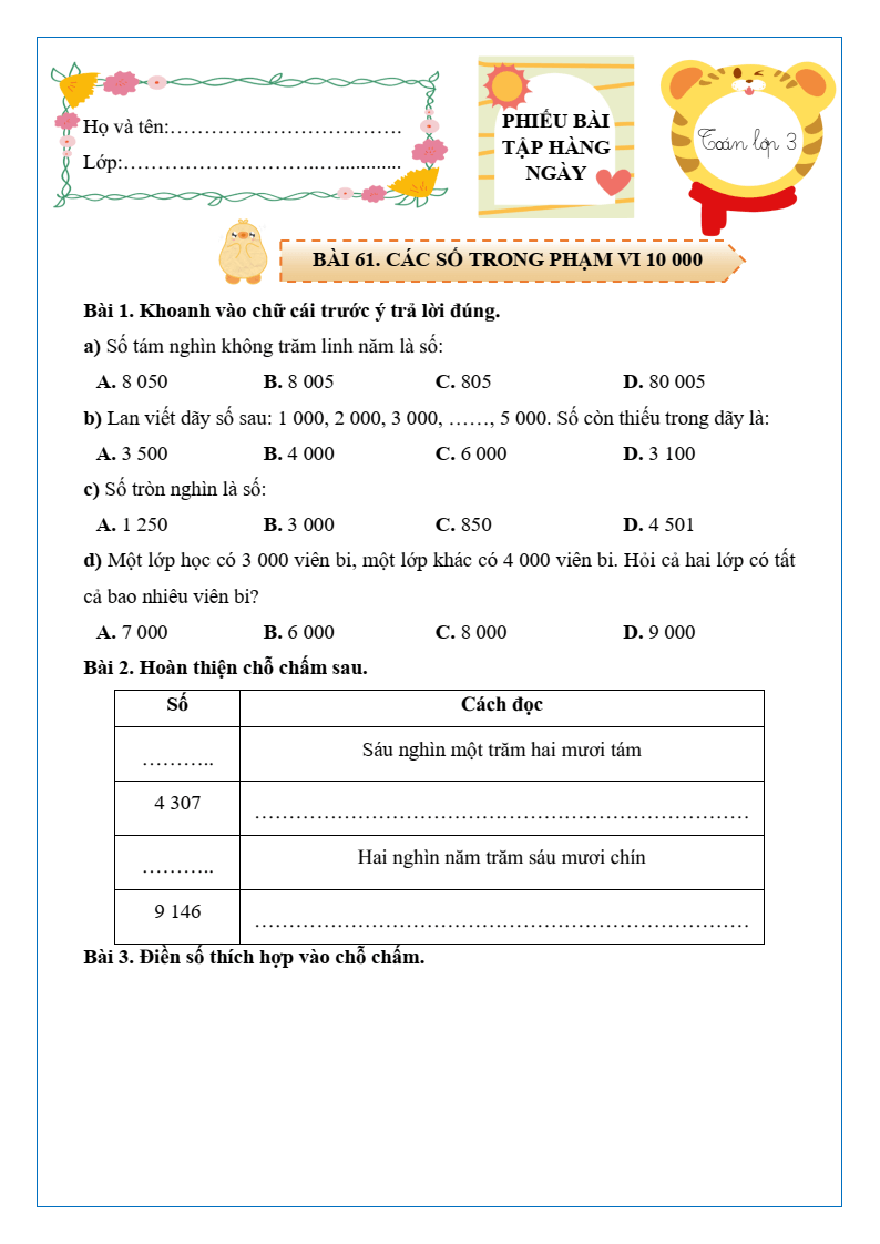 Bài tập hàng ngày Toán lớp 3 Cánh diều Học kì 2 (có lời giải)
