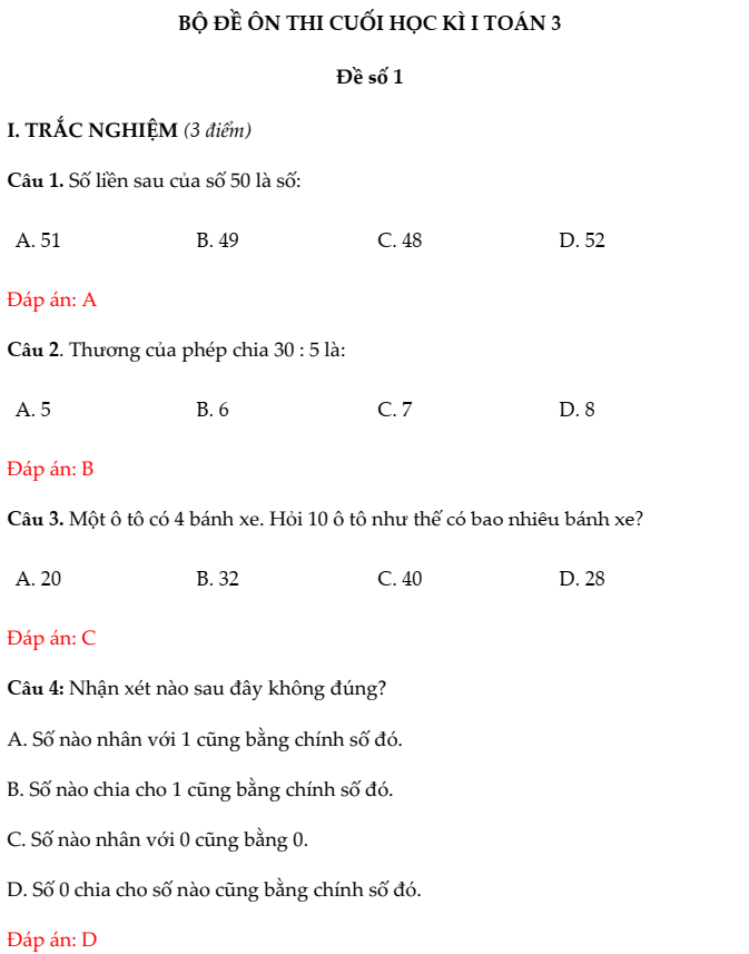 20+ Đề thi Toán lớp 3 Học kì 1 Kết nối tri thức 2025 (tải nhiều)