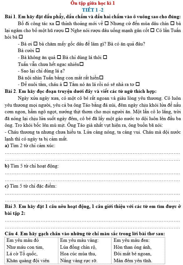 Bài tập hàng ngày Tiếng Việt lớp 3 Ôn tập giữa học kì 1 | Kết nối tri thức