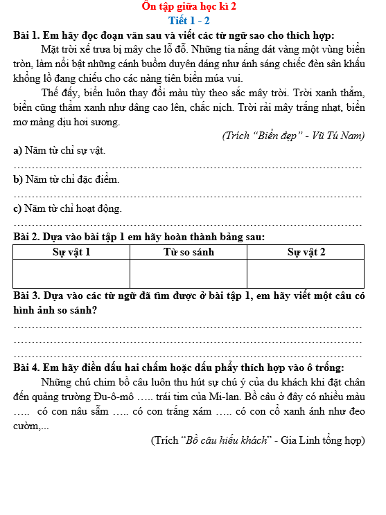 Bài tập hàng ngày Tiếng Việt lớp 3 Ôn tập giữa học kì 2 | Kết nối tri thức