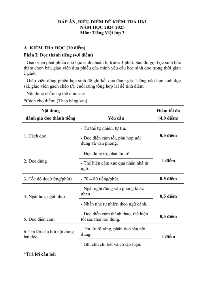 Đề thi Học kì 1 Tiếng Việt lớp 3 năm 2024-2025 trường Tiểu học Vĩnh Bảo (Hải Phòng - Đề số 1)