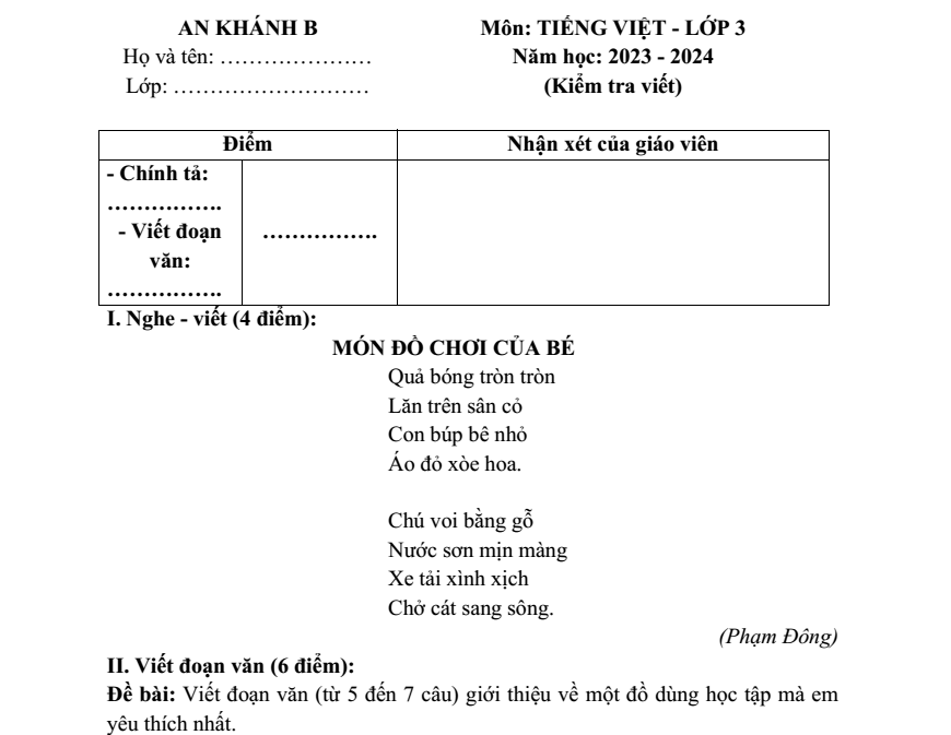 Đề thi Học kì 1 Tiếng Việt lớp 3 năm 2023-2024 trường Tiểu học An Khánh B (Hà Nội)