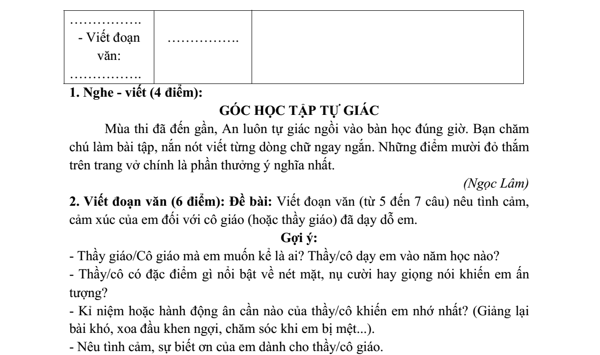Đề thi Học kì 1 Tiếng Việt lớp 3 năm 2023-2024 trường Tiểu học Nguyễn Bá Ngọc (Hà Nội)