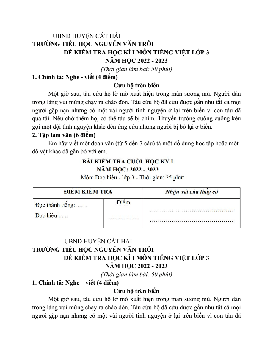 Đề thi Học kì 1 Tiếng Việt lớp 3 năm 2022-2023 trường Tiểu học Nguyễn Văn Trỗi (Hải Phòng)
