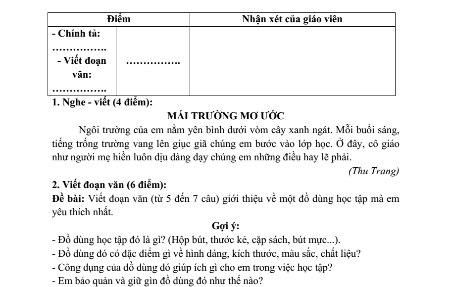 Đề thi Học kì 1 Tiếng Việt lớp 3 năm 2023-2024 trường Tiểu học Tân Dân