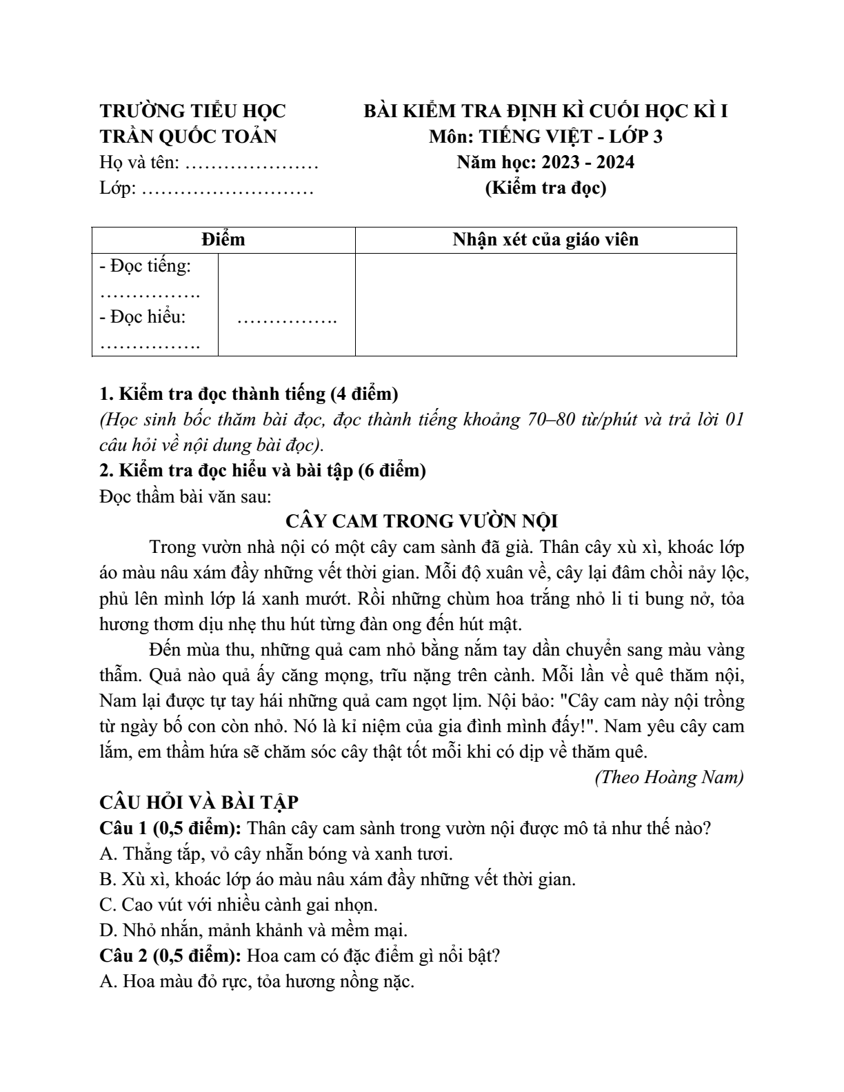 Đề thi Học kì 1 Tiếng Việt lớp 3 năm 2023-2024 trường Tiểu học Trần Quốc Toản (Hà Nội)