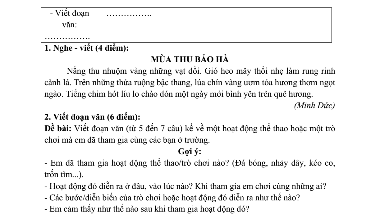 Đề thi Học kì 1 Tiếng Việt lớp 3 năm 2023-2024 trường Tiểu học Trần Quốc Toản (Hà Nội)