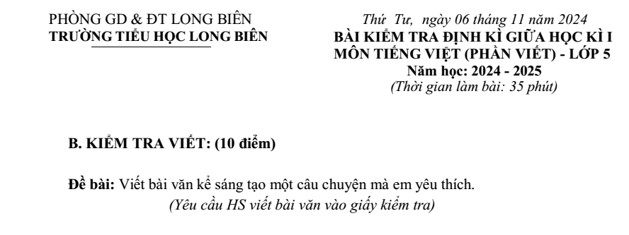 Đề thi Giữa kì 1 Tiếng Việt lớp 5 năm 2024-2025 trường Tiểu học Long Biên (Hà Nội)