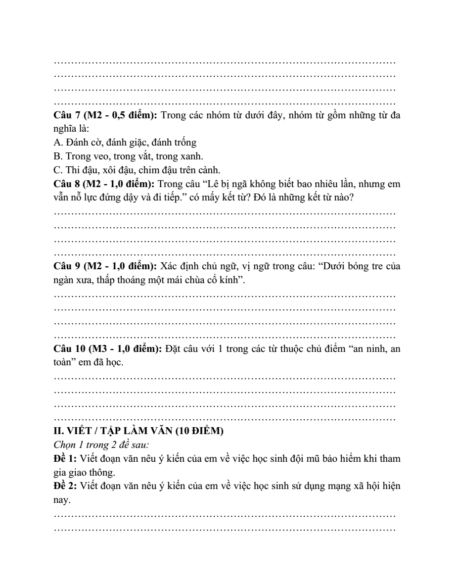 Đề thi Học kì 1 Tiếng Việt lớp 5 năm 2024-2025 trường Tiểu học Nguyễn Văn Trỗi (Hải Phòng)