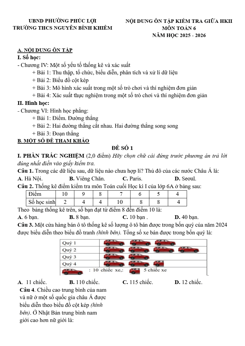 Đề cương ôn tập Giữa kì 2 Toán 6 trường THCS Nguyễn Bỉnh Khiêm (Hà Nội) năm 2025-2026