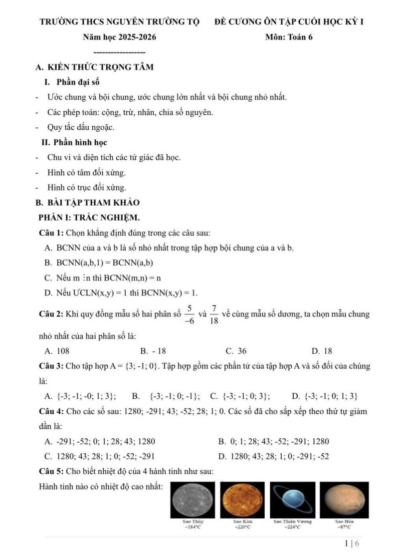Đề cương ôn tập Học kì 1 Toán 6 trường THCS Nguyễn Trường Tộ năm 2025-2026