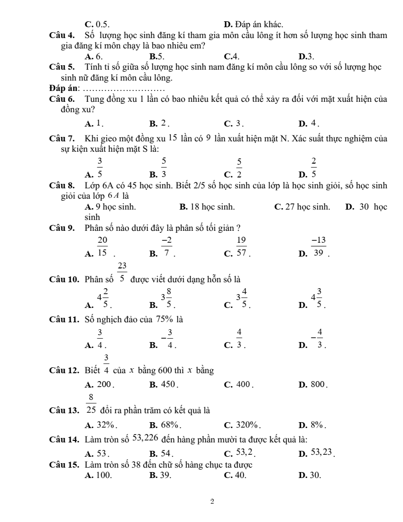Đề cương ôn tập Học kì 2 Toán 6 trường THCS Nguyễn Bỉnh Khiêm (Hà Nội) năm 2025-2026