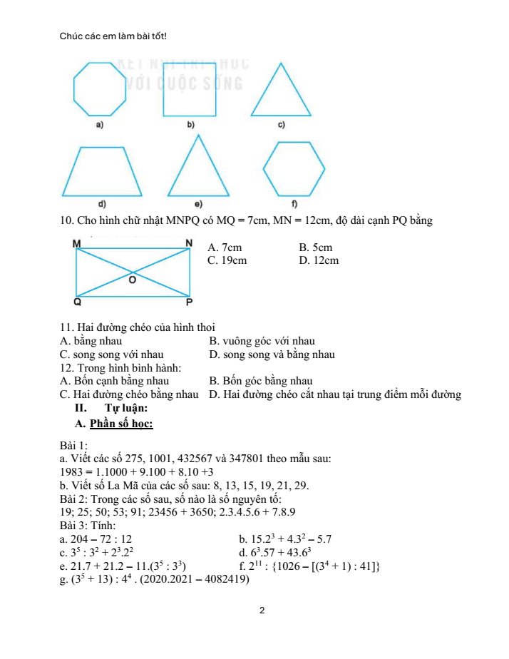 Đề cương ôn tập Giữa kì 1 Toán 6 trường THCS Hòa Ninh năm 2025-2026