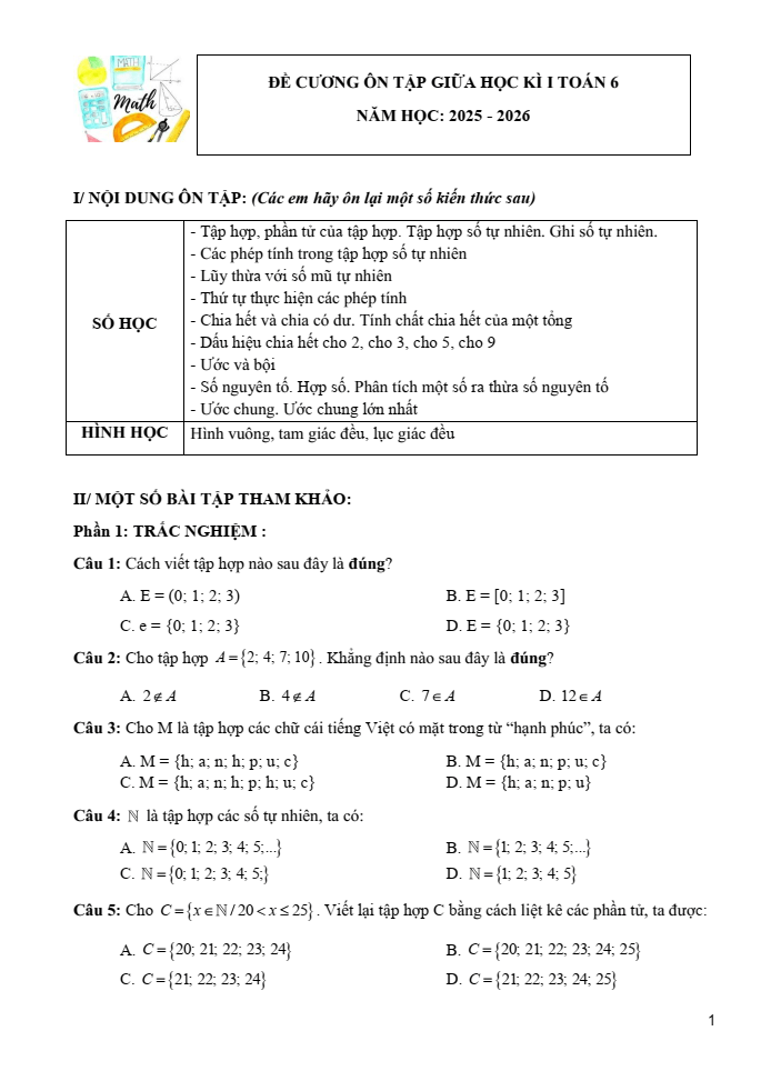 Đề cương ôn tập Giữa kì 1 Toán 6 trường THCS Phước Nguyên năm 2025-2026