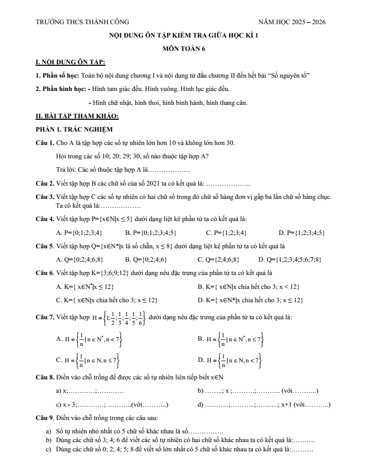 Đề cương ôn tập Giữa kì 1 Toán 6 trường THCS Thành Công năm 2025-2026