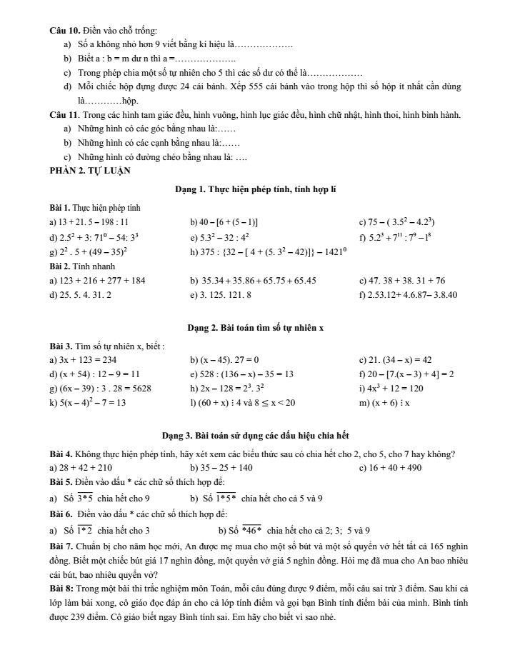 Đề cương ôn tập Giữa kì 1 Toán 6 trường THCS Thành Công năm 2025-2026