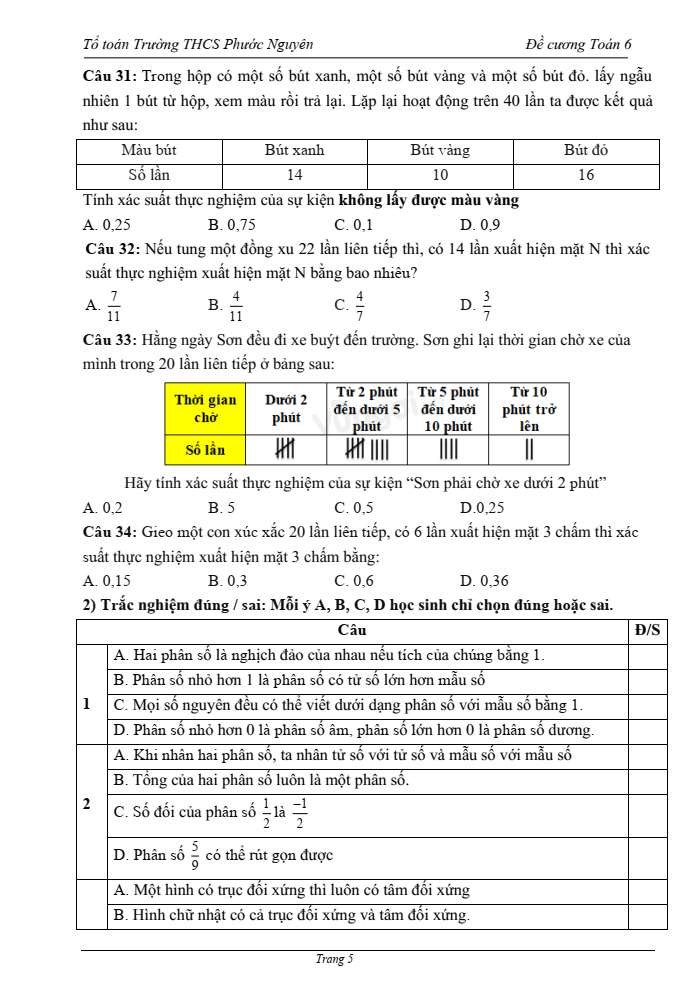 Đề cương ôn tập Giữa kì 2 Toán 6 trường THCS Phước Nguyên năm 2024-2025