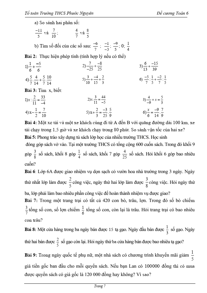 Đề cương ôn tập Giữa kì 2 Toán 6 trường THCS Phước Nguyên năm 2024-2025