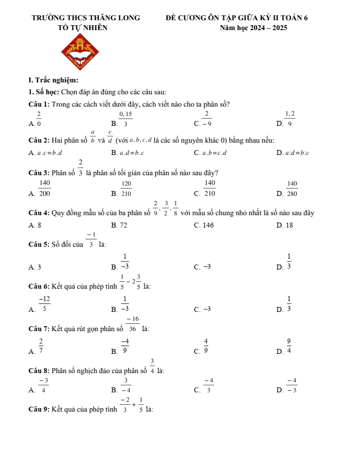 Đề cương ôn tập Giữa kì 2 Toán 6 trường THCS Thăng Long năm 2024-2025