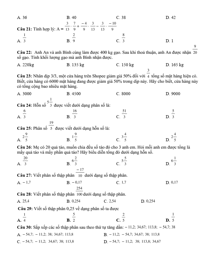 Đề cương ôn tập Giữa kì 2 Toán 6 trường THCS Thăng Long năm 2024-2025