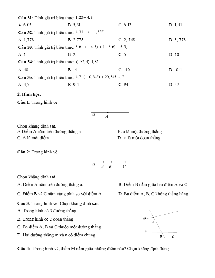 Đề cương ôn tập Giữa kì 2 Toán 6 trường THCS Thăng Long năm 2024-2025